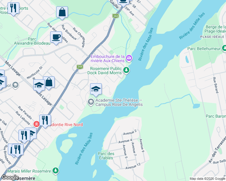 map of restaurants, bars, coffee shops, grocery stores, and more near 1 Rue du Val-Marie in Rosemère