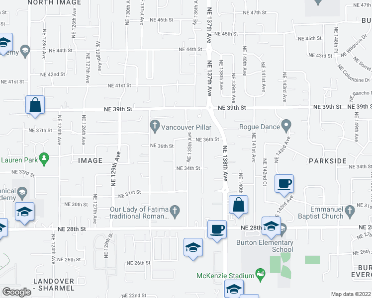 map of restaurants, bars, coffee shops, grocery stores, and more near 3513 Northeast 135th Avenue in Vancouver
