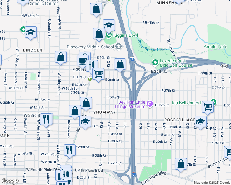 map of restaurants, bars, coffee shops, grocery stores, and more near 3700 H Street in Vancouver