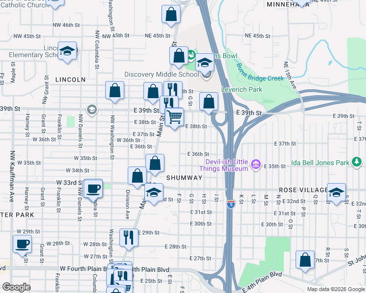 map of restaurants, bars, coffee shops, grocery stores, and more near 3700 G Street in Vancouver