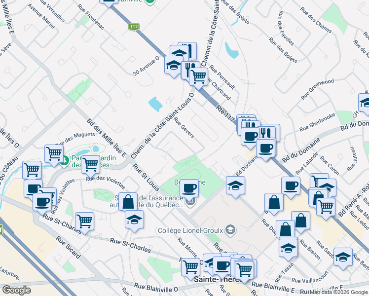map of restaurants, bars, coffee shops, grocery stores, and more near 13 Rue Émilien Frenette in Sainte-Thérèse