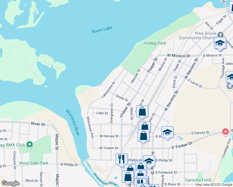 map of restaurants, bars, coffee shops, grocery stores, and more near 706 Evergreen Court in Rhinelander