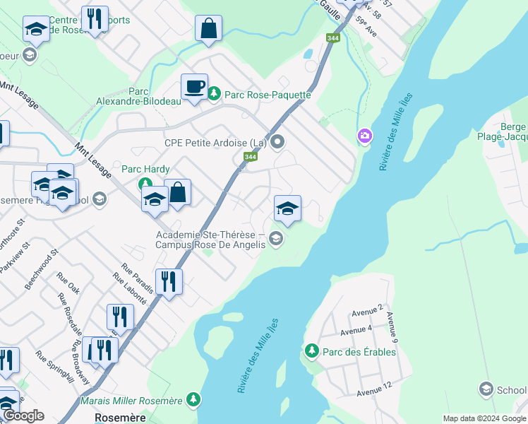 map of restaurants, bars, coffee shops, grocery stores, and more near 119 Rue des Villas in Rosemã¨Re