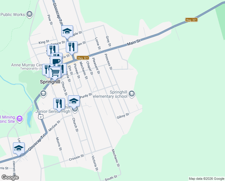 map of restaurants, bars, coffee shops, grocery stores, and more near 31 Saint James Street in Springhill