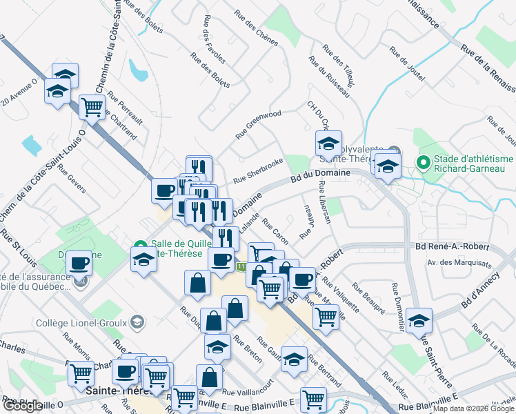 map of restaurants, bars, coffee shops, grocery stores, and more near 48 Rue Lalande in Sainte-Thérèse