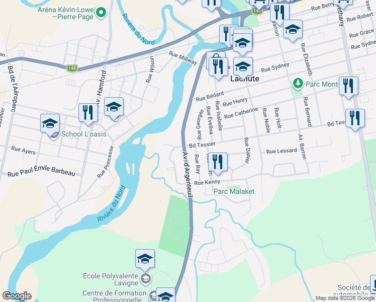 map of restaurants, bars, coffee shops, grocery stores, and more near 301 Avenue d'Argenteuil in Lachute