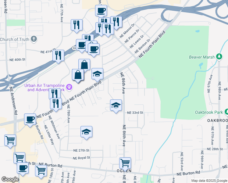 map of restaurants, bars, coffee shops, grocery stores, and more near 8417 Northeast 36th Circle in Vancouver