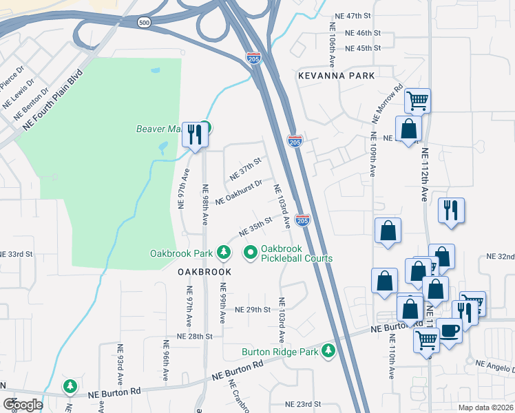map of restaurants, bars, coffee shops, grocery stores, and more near 3511 Northeast 102nd Court in Vancouver