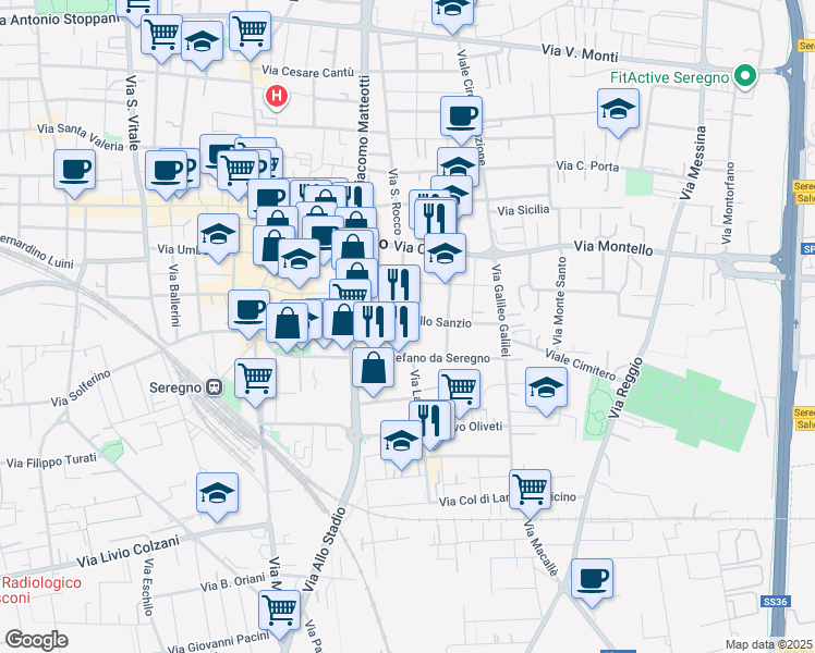 map of restaurants, bars, coffee shops, grocery stores, and more near 29 Via Raffaello Sanzio in Seregno