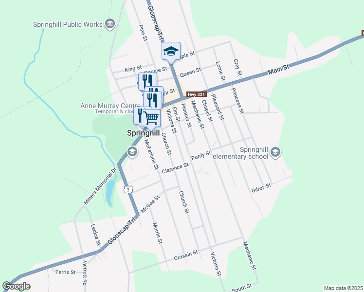map of restaurants, bars, coffee shops, grocery stores, and more near 32 Victoria Street in Springhill