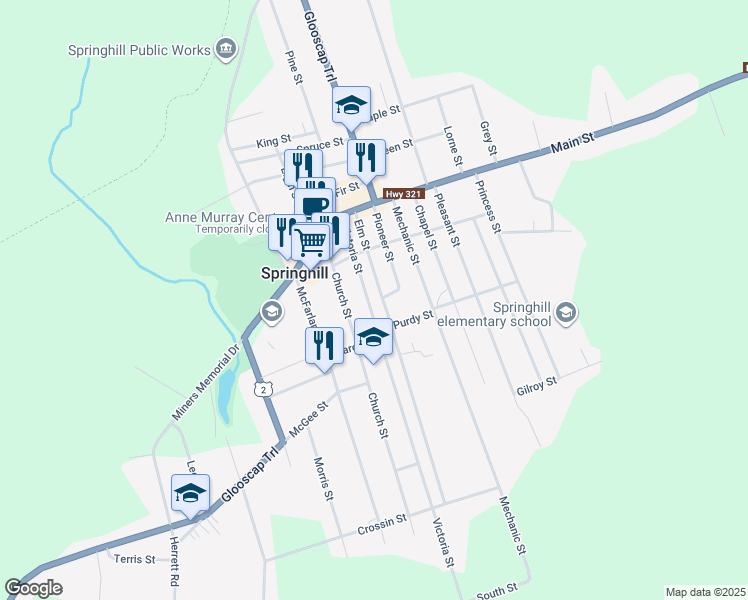 map of restaurants, bars, coffee shops, grocery stores, and more near 32 Victoria Street in Springhill