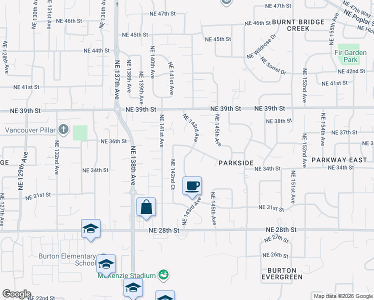 map of restaurants, bars, coffee shops, grocery stores, and more near 3508 Northeast 143rd Avenue in Vancouver