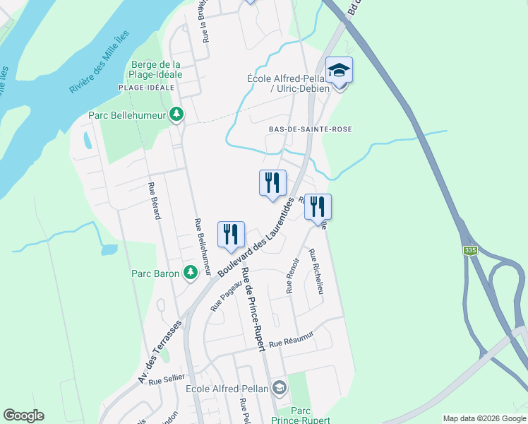 map of restaurants, bars, coffee shops, grocery stores, and more near 7510 Boulevard des Laurentides in Laval