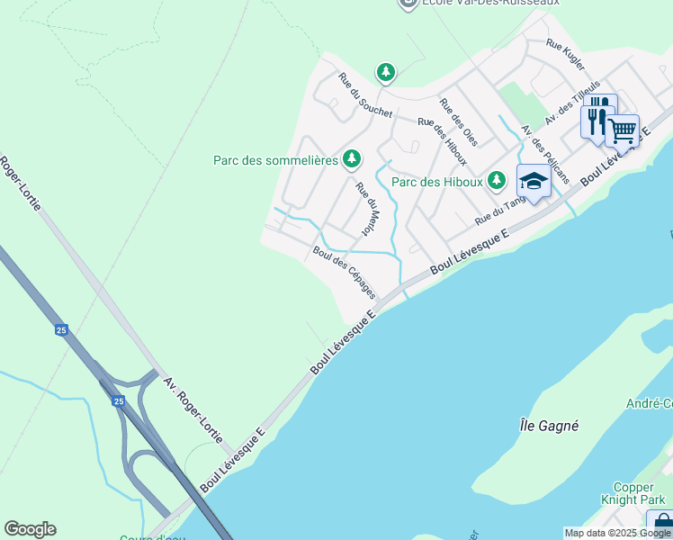 map of restaurants, bars, coffee shops, grocery stores, and more near 350 Boulevard des Cépages in Laval