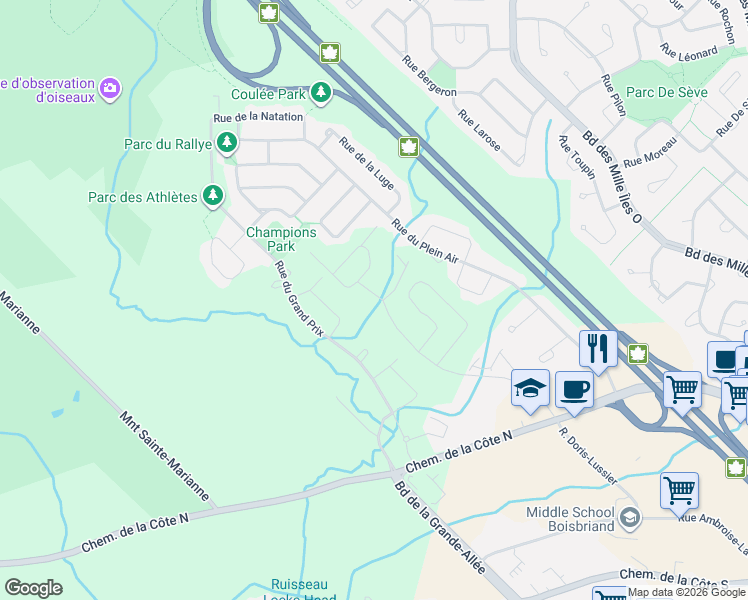 map of restaurants, bars, coffee shops, grocery stores, and more near 7229 Rue Jean-Claude-Langlois in Mirabel