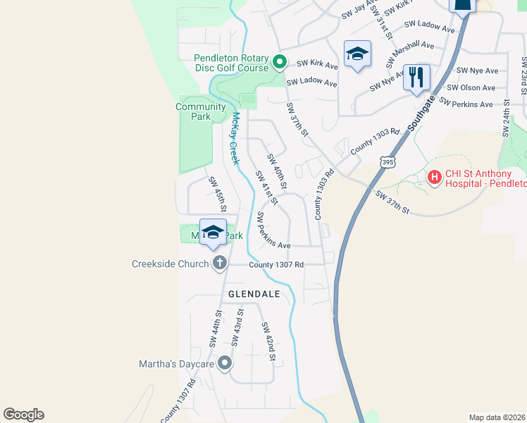 map of restaurants, bars, coffee shops, grocery stores, and more near 4197 Southwest Perkins Avenue in Pendleton