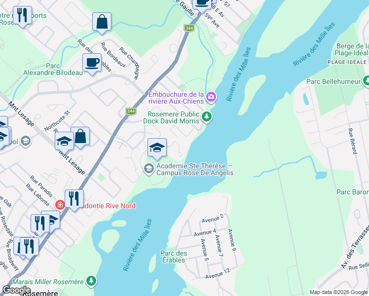map of restaurants, bars, coffee shops, grocery stores, and more near 1 Rue du Val-Marie in Rosemère