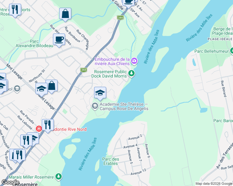 map of restaurants, bars, coffee shops, grocery stores, and more near 1 Rue du Val-Marie in Rosemère