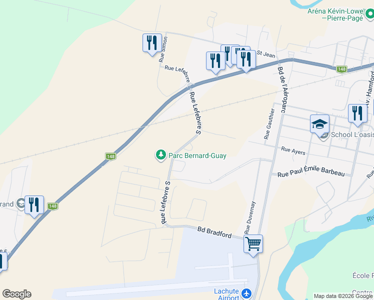map of restaurants, bars, coffee shops, grocery stores, and more near Carrera Caroline Aigle in Lachute