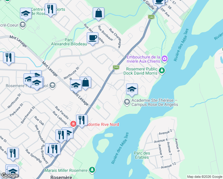 map of restaurants, bars, coffee shops, grocery stores, and more near 119 Rue des Villas in Rosemère