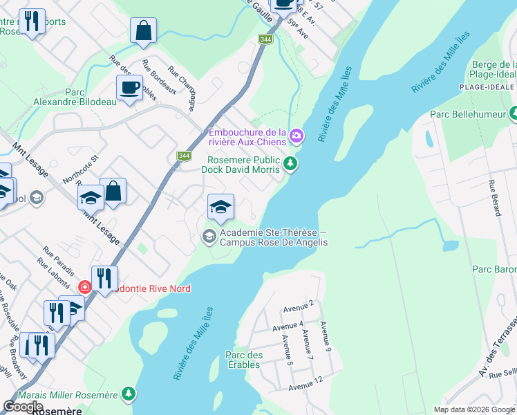 map of restaurants, bars, coffee shops, grocery stores, and more near 1 Rue du Val-Marie in Rosemère