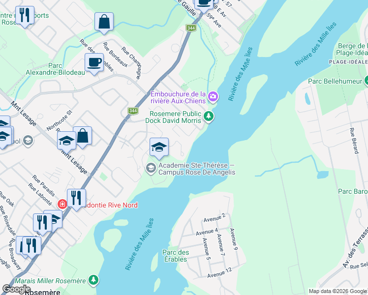 map of restaurants, bars, coffee shops, grocery stores, and more near 1 Rue du Val-Marie in Rosemère