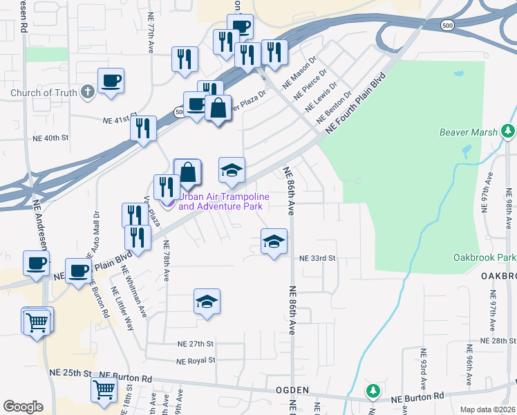 map of restaurants, bars, coffee shops, grocery stores, and more near 3519 Northeast 83rd Avenue in Vancouver
