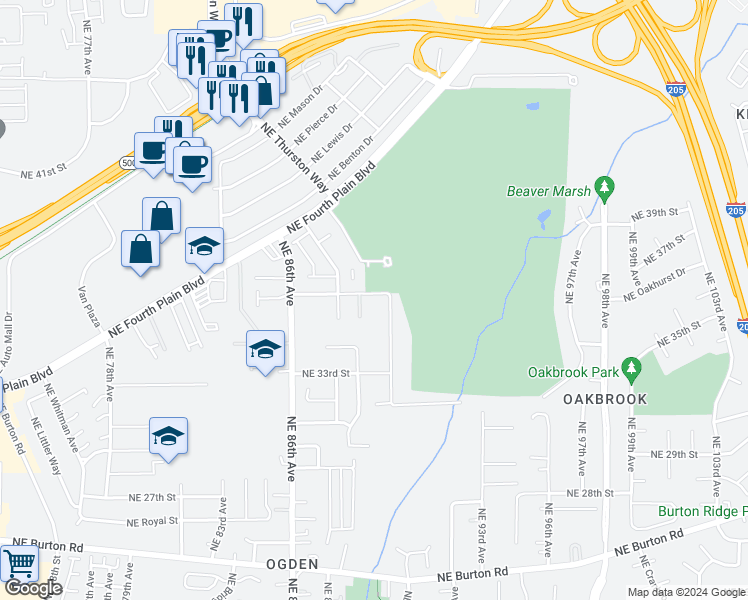 map of restaurants, bars, coffee shops, grocery stores, and more near 8907 Northeast 36th Street in Vancouver