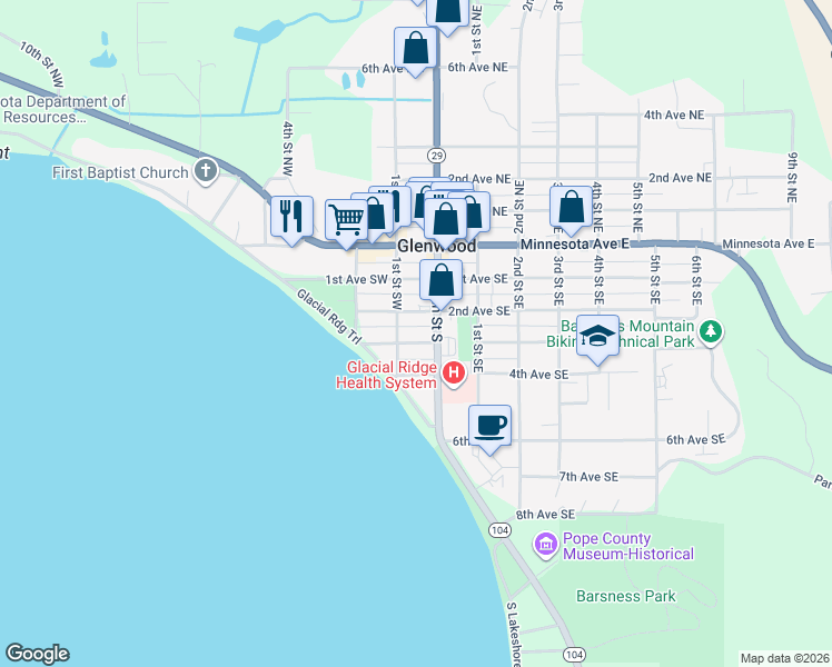 map of restaurants, bars, coffee shops, grocery stores, and more near 16 3rd Avenue Southwest in Glenwood