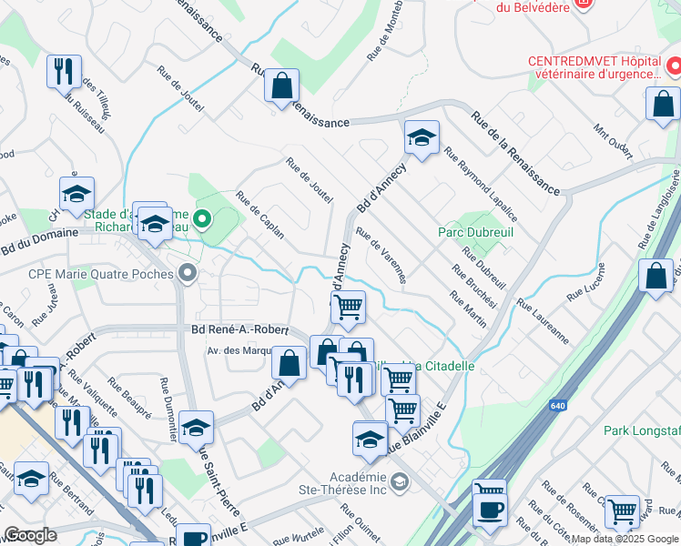 map of restaurants, bars, coffee shops, grocery stores, and more near Boulevard d'Annecy in Blainville