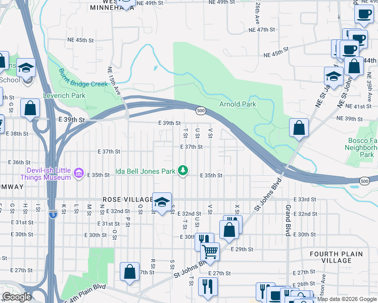 map of restaurants, bars, coffee shops, grocery stores, and more near 3615 T Street in Vancouver