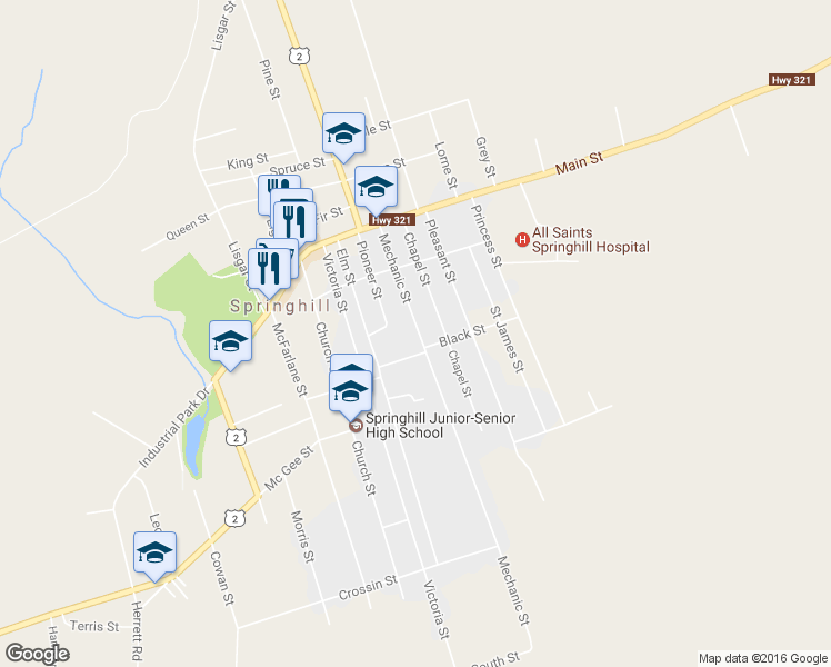 map of restaurants, bars, coffee shops, grocery stores, and more near 39 Mechanic Street in Springhill
