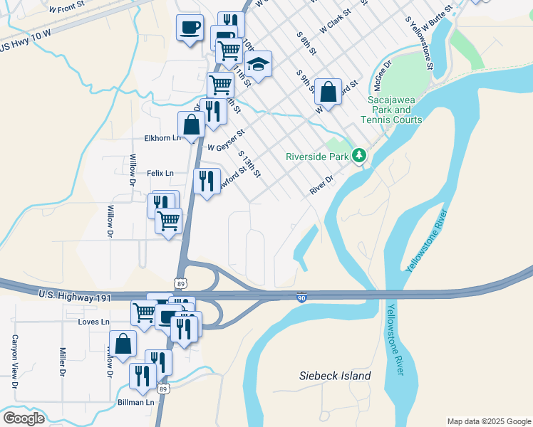 map of restaurants, bars, coffee shops, grocery stores, and more near 616 South 13th Street in Livingston