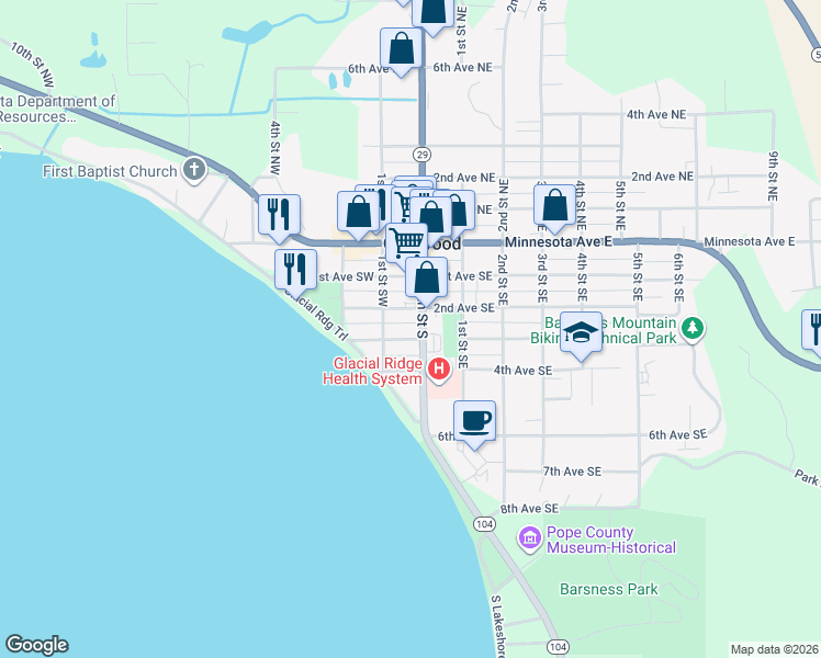map of restaurants, bars, coffee shops, grocery stores, and more near 16 3rd Avenue Southwest in Glenwood