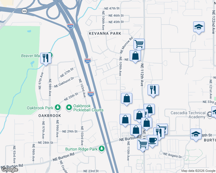 map of restaurants, bars, coffee shops, grocery stores, and more near 3708 Northeast 109th Avenue in Vancouver