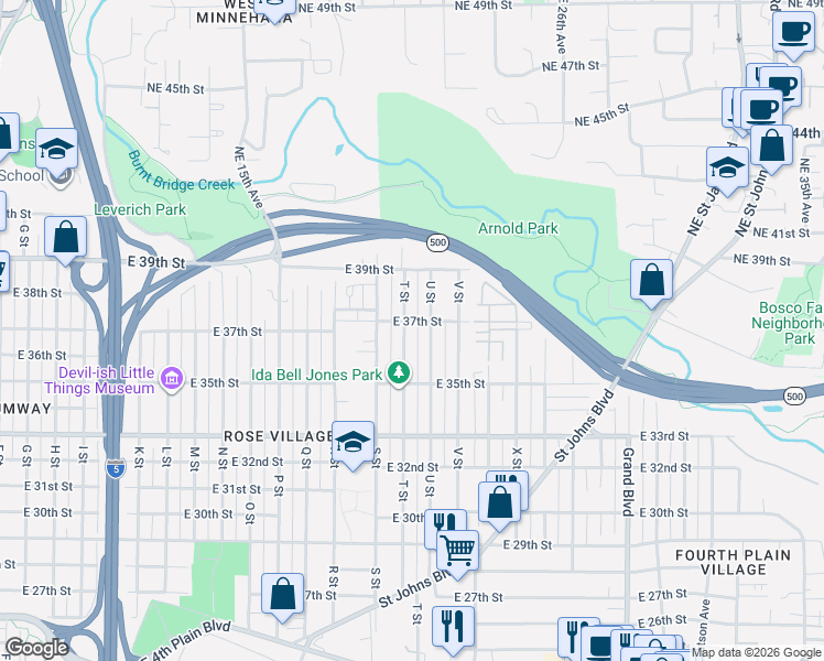 map of restaurants, bars, coffee shops, grocery stores, and more near 3615 T Street in Vancouver