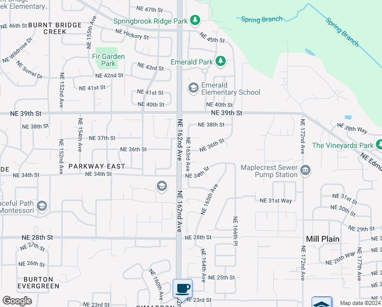 map of restaurants, bars, coffee shops, grocery stores, and more near 16303 Northeast 36th Street in Vancouver