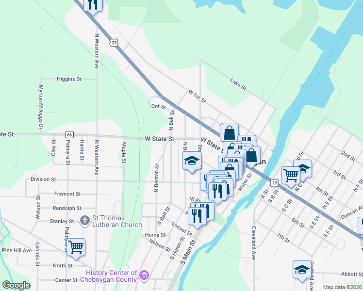 map of restaurants, bars, coffee shops, grocery stores, and more near 301-499 N Bailey St in Cheboygan