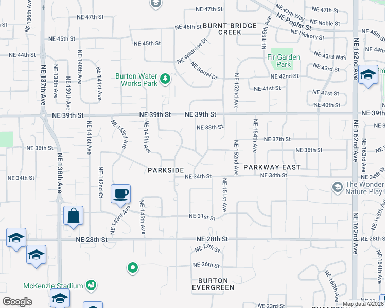 map of restaurants, bars, coffee shops, grocery stores, and more near 14813 Northeast Orion Street in Vancouver