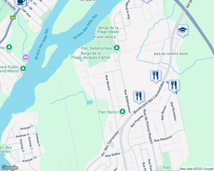 map of restaurants, bars, coffee shops, grocery stores, and more near 72 A Rue Bérard in Laval