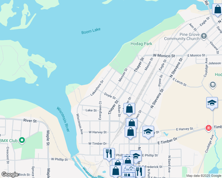 map of restaurants, bars, coffee shops, grocery stores, and more near 727 Messer Street in Rhinelander