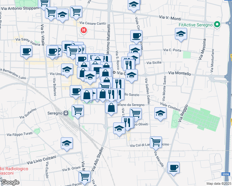 map of restaurants, bars, coffee shops, grocery stores, and more near 29 Via Raffaello Sanzio in Seregno