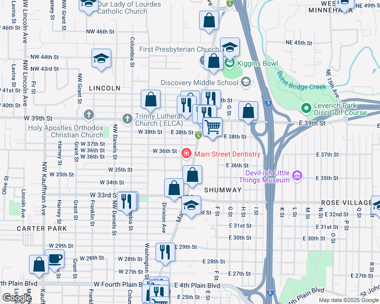 map of restaurants, bars, coffee shops, grocery stores, and more near 3600 Main Street in Vancouver