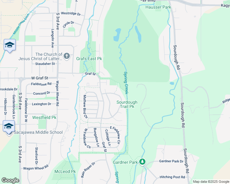 map of restaurants, bars, coffee shops, grocery stores, and more near Graf Street in Bozeman