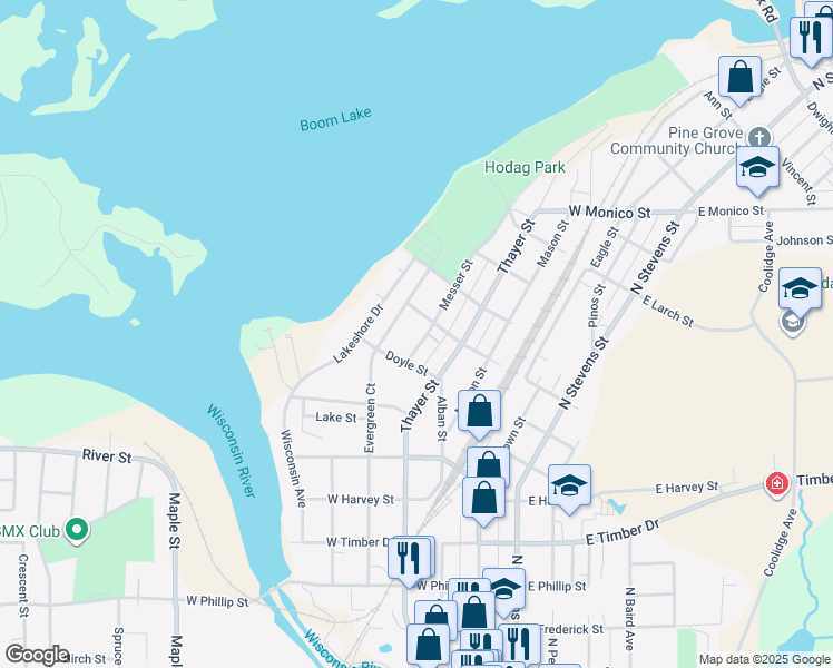 map of restaurants, bars, coffee shops, grocery stores, and more near 727 Messer Street in Rhinelander