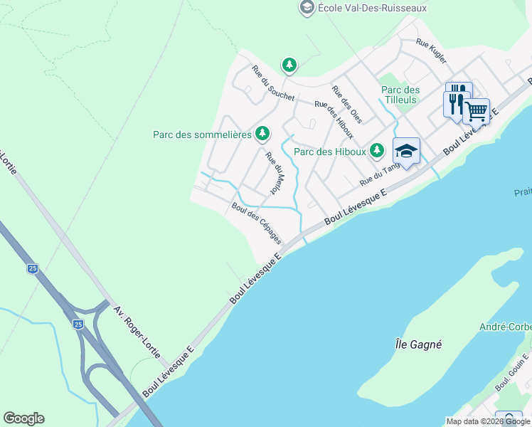 map of restaurants, bars, coffee shops, grocery stores, and more near 349 Boulevard des Cépages in Laval