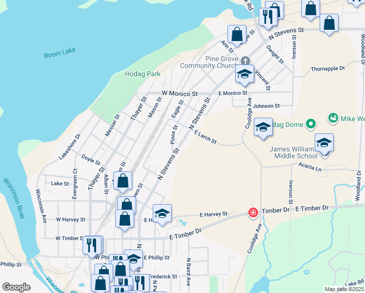 map of restaurants, bars, coffee shops, grocery stores, and more near 924 North Stevens Street in Rhinelander