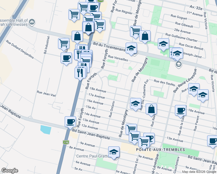 map of restaurants, bars, coffee shops, grocery stores, and more near 150 Rue des Épinettes in Montréal