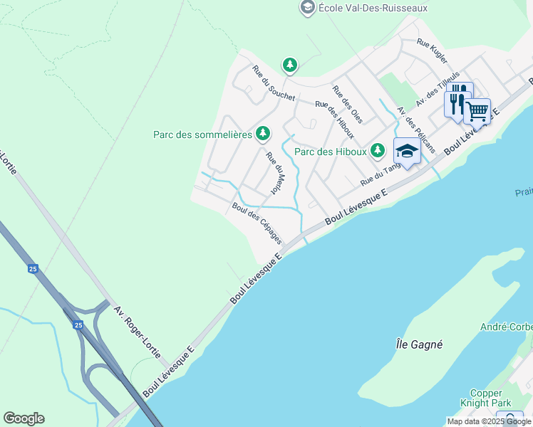 map of restaurants, bars, coffee shops, grocery stores, and more near 349 Boulevard des Cépages in Laval