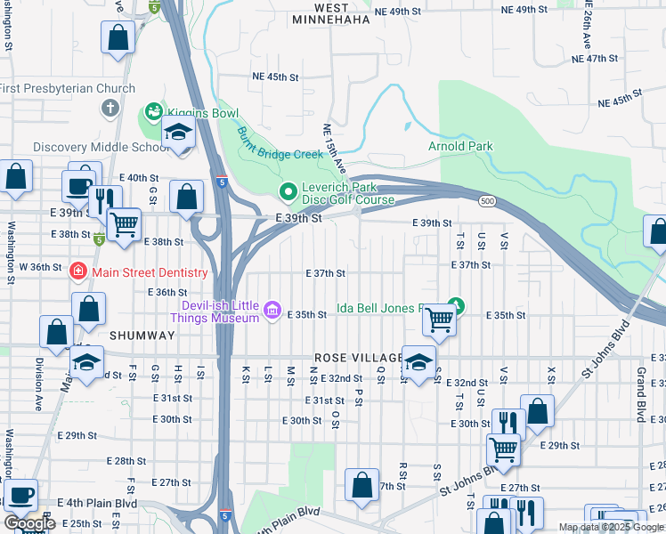 map of restaurants, bars, coffee shops, grocery stores, and more near 3708 O Street in Vancouver
